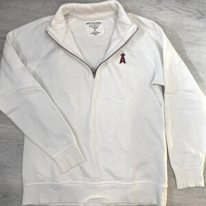 Women's Anaheim  ANGELS M White Half-Zip Pullover Sweater with Frayed Edg…